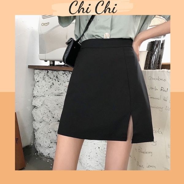 Chân váy chữ a ngắn trơn đen xẻ . Kiểu dáng công sở dễ phối đồ VD5