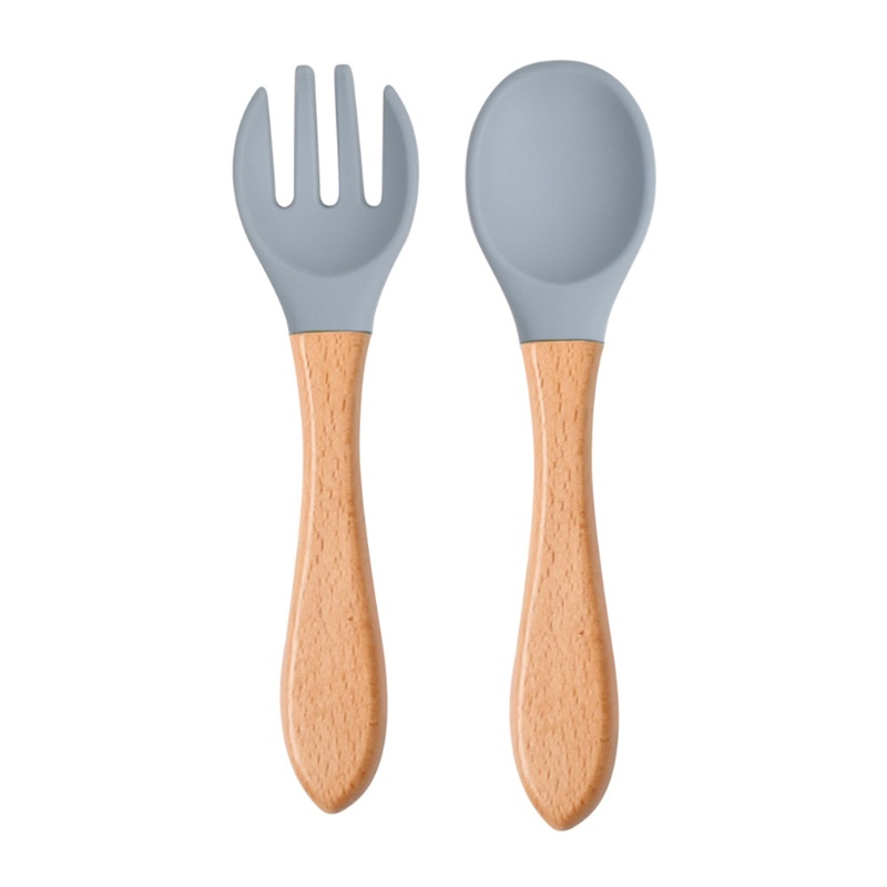 Bộ 2 Muỗng Nĩa Silicone Cấp Thực Phẩm Tay Cầm Gỗ Cho Bé Tập Ăn