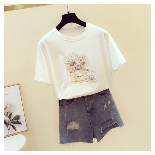 Áo thun ngắn tay in hình hoa cúc nhỏ thời trang mùa hè Hàn Quốc hạt cườm nhỏ 100% cotton