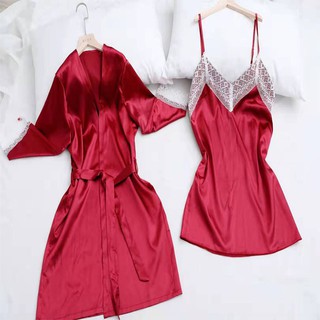 Bộ Đồ Ngủ Pijama Nữ Lụa Set 2 Chi Tiết (Set Váy Ngủ + Áo Choàng)