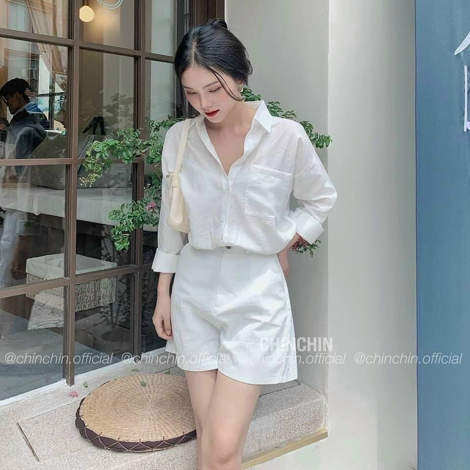 Shop Mall - Ngyên Set Sơ Mi Trắng mix Quần Đùi Trắng có túi cực sang- Áo sơ mi Trắng freesize - Quần short nữ ngố 2 lớp.