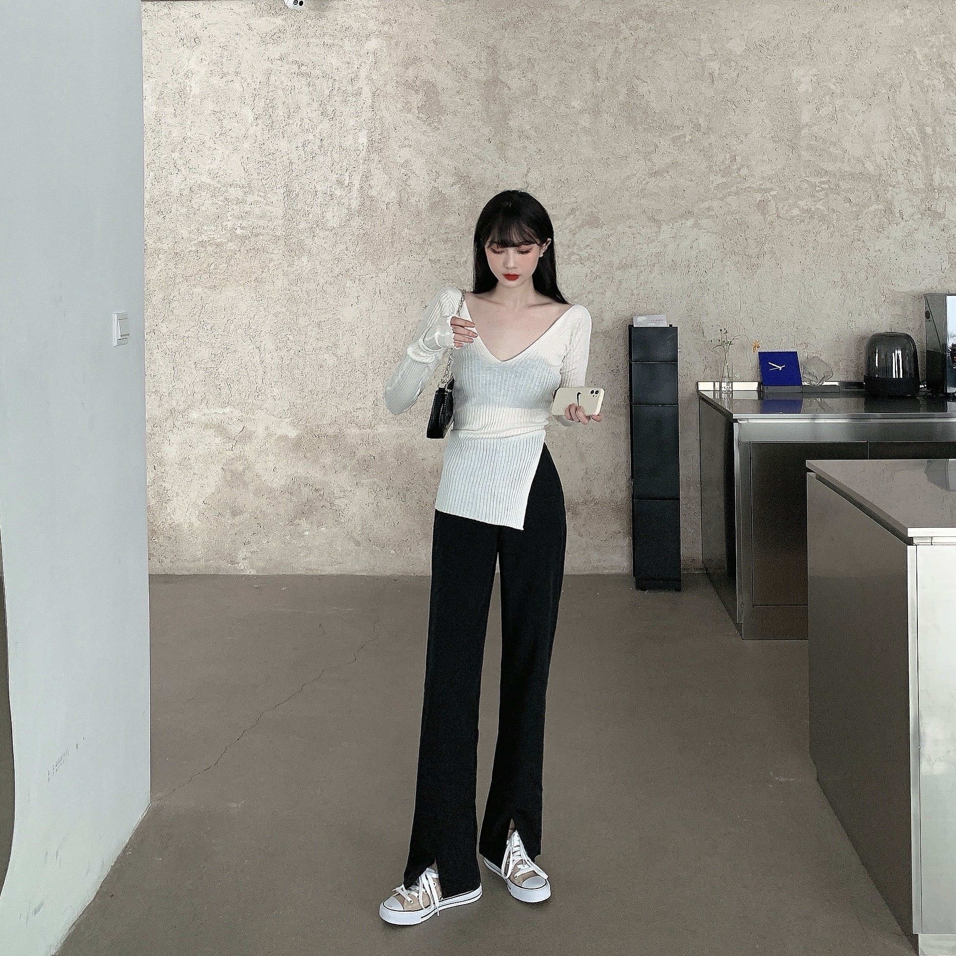 Quần Xiaozhainv thiết kế ống rộng xẻ tà phong cách Hàn Quốc trẻ trung cho nữ