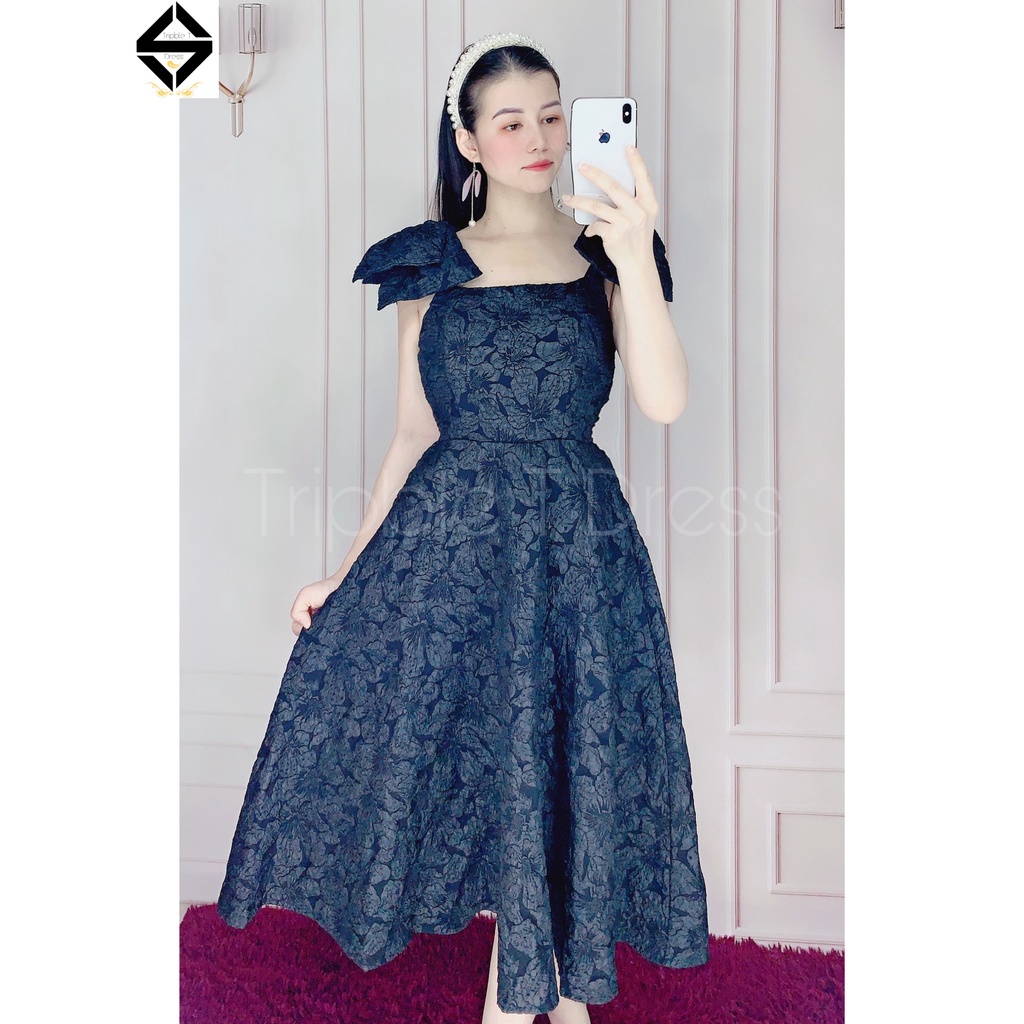 Đầm xoè dự tiệc nơ vai sang chất gấm xốp vân hoa nổi sang trọng TRIPBLE T DRESS - size M/L - MS226V