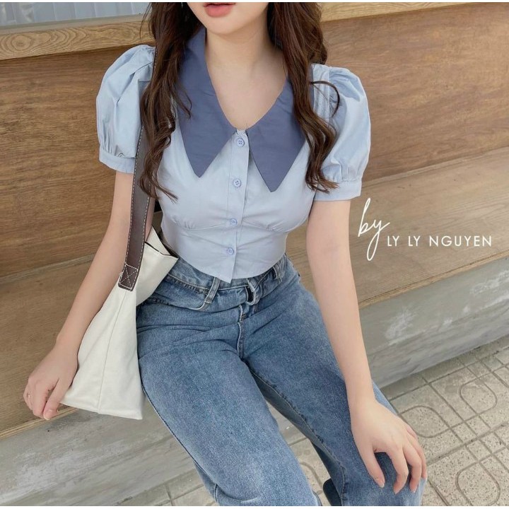 Áo sơ mi Croptop tay phồng chất vải Kate Nhật Cam Kết Hàng Y HÌnh ( Size dưới 53kg)