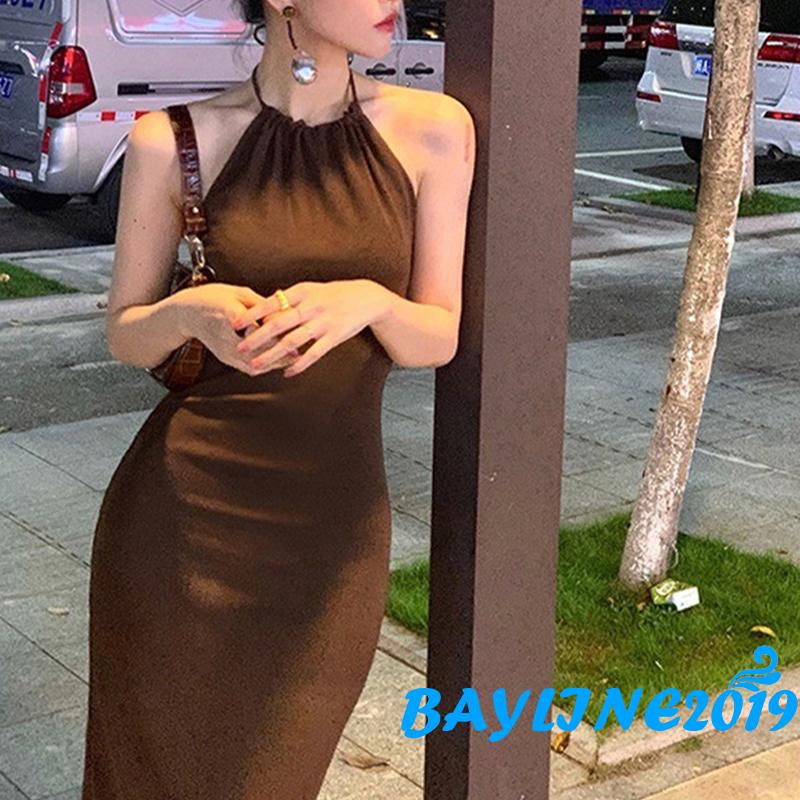 Bay-Women´s Summer Midi Skinny Dress Solid Color Sleeveless Hanging Neck Bodycon Dress