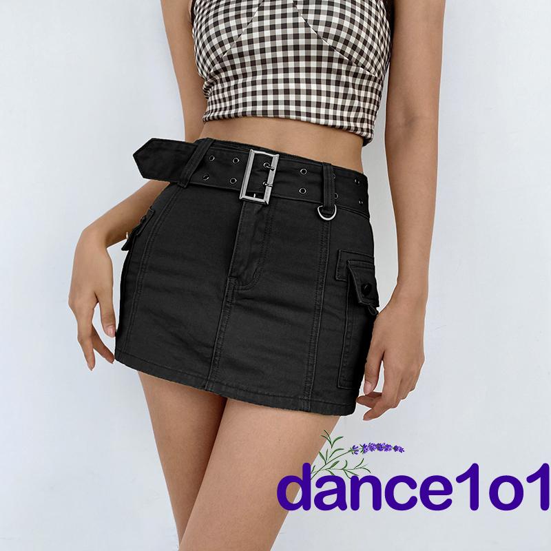 dance1o1-Women´s Mid Waist Solid Color Bodycon Belted Mini Skirt