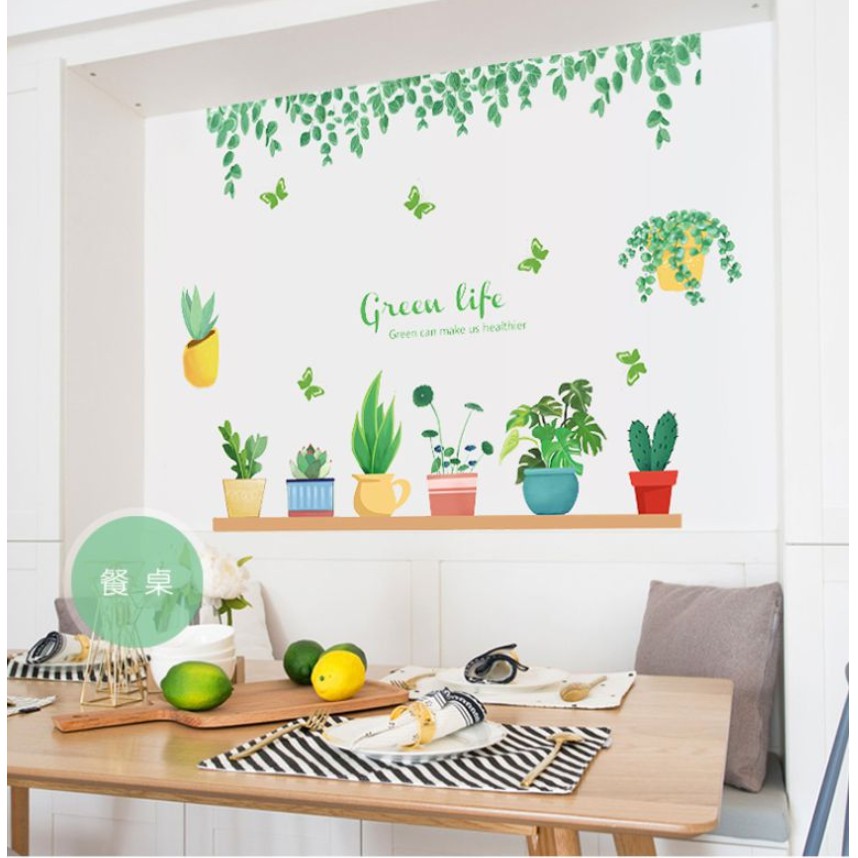 Decal dán tường - lá trần phối chậu mini xanh