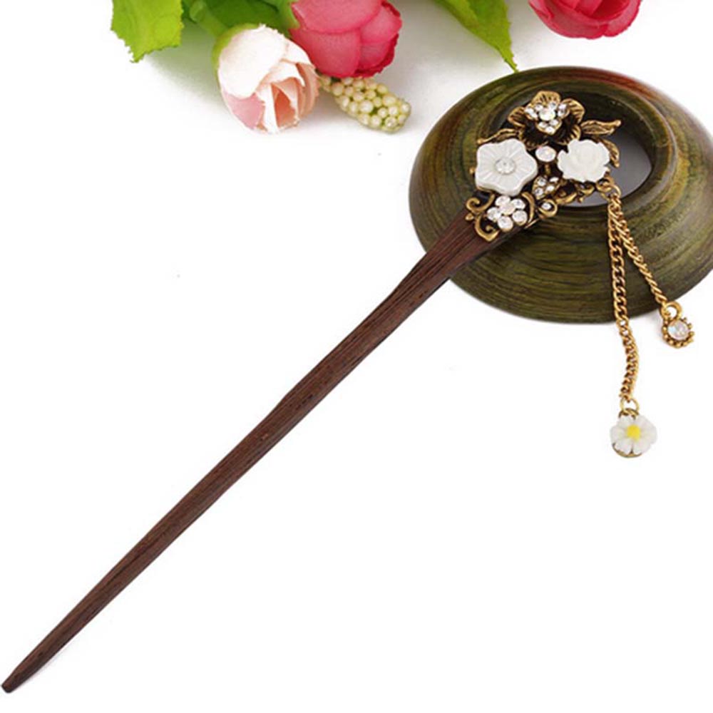 Trâm Cài Tóc Gỗ Họa Tiết Hoa Đính Đá Pha Lê Nhiều Màu Phong Cách Vintage Cho Nữ