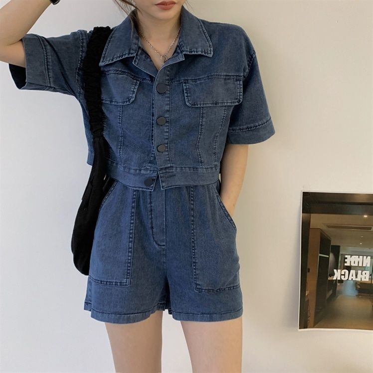 Bộ Áo Khoác Denim Ngắn Tay Dáng Rộng + Quần Short Lưng Cao Thời Trang Hàn Quốc 2022 Dành Cho Nữ