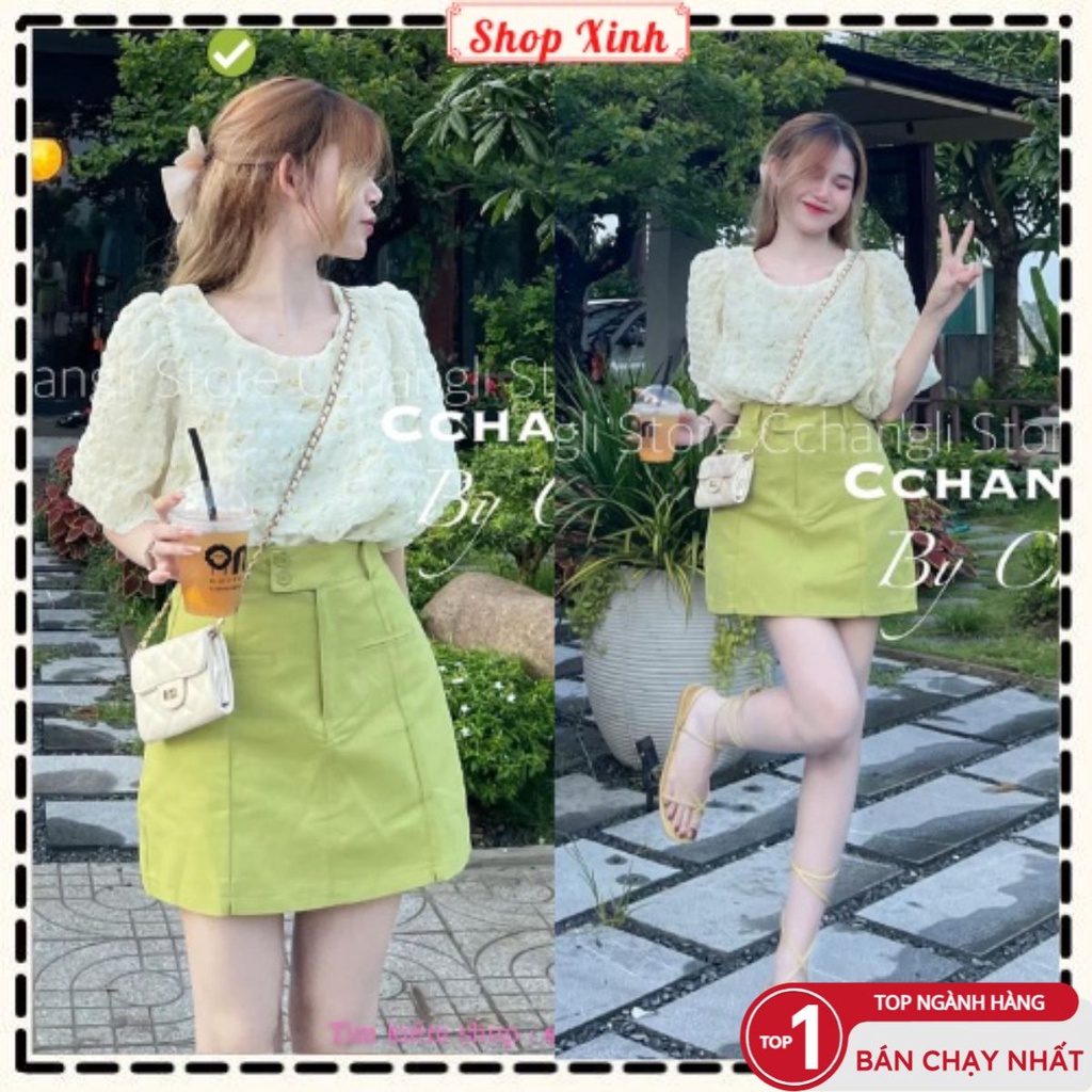 Set đồ nữ Áo bèo hoa nhí nổi tay phồng kèm chân váy A xanh bơ, Set hoa nhí tay phồng mix chân váy xanh kaki có quần lót