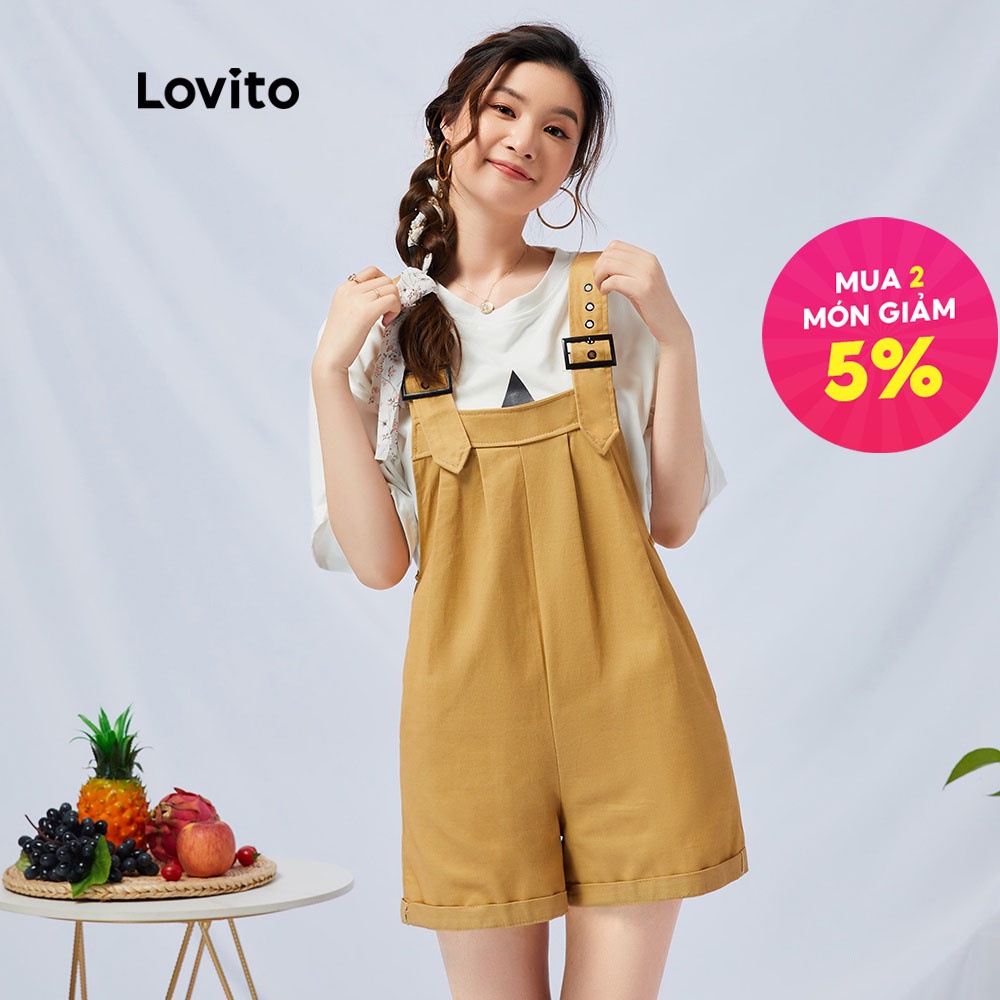 Quần yếm ngắn Lovito ống rộng không co giãn phong cách preppy L11022 (Màu kem)