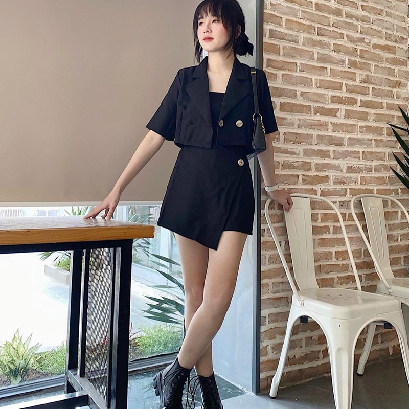 Set vest crotop ZenOne , set 2 chi tiết áo cổ vest mix quần giả váy chất umi dày mịm sang trọng | BigBuy360 - bigbuy360.vn