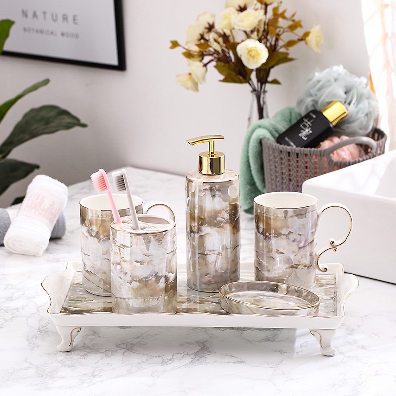 Bộ đồ dùng nhà tắm 6 món gốm sứ vân đá