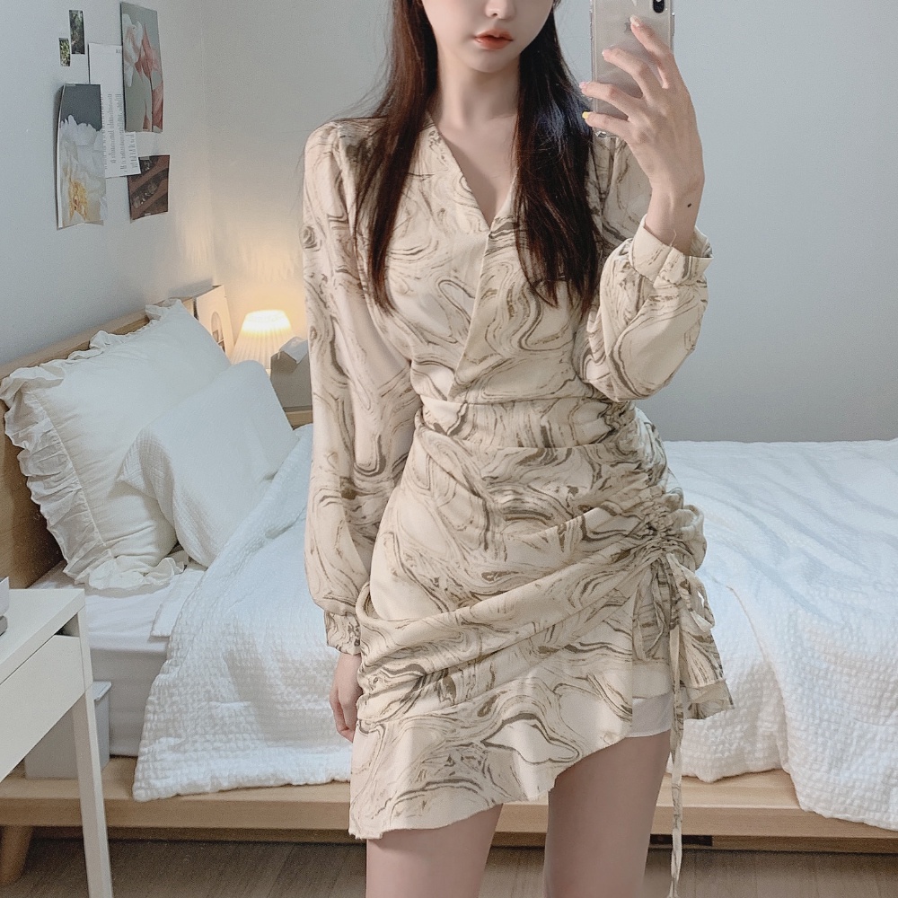 Đầm SUXI tay dài cổ chữ V thời trang Hàn Quốc