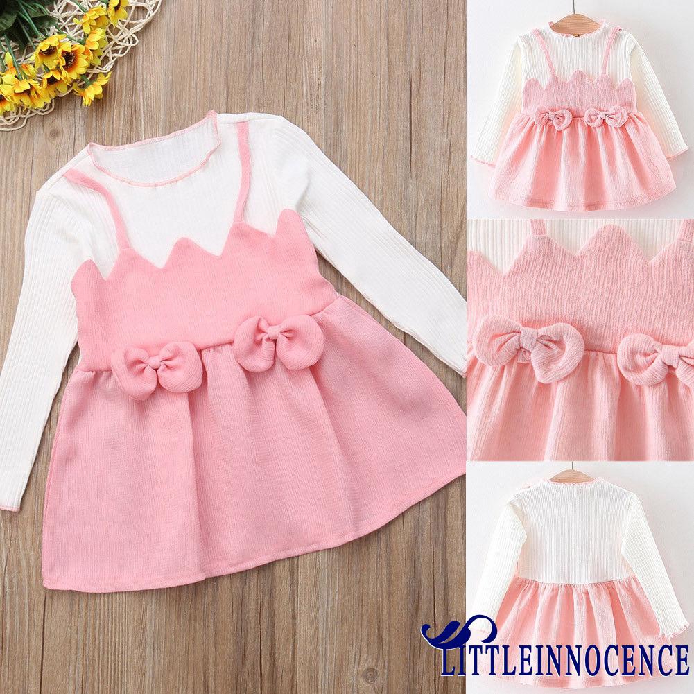 ❤XZQ-Toddler Kid Baby Girl Pink Long Sleeve Bowknot Princess Dress Skirt Party Outfits