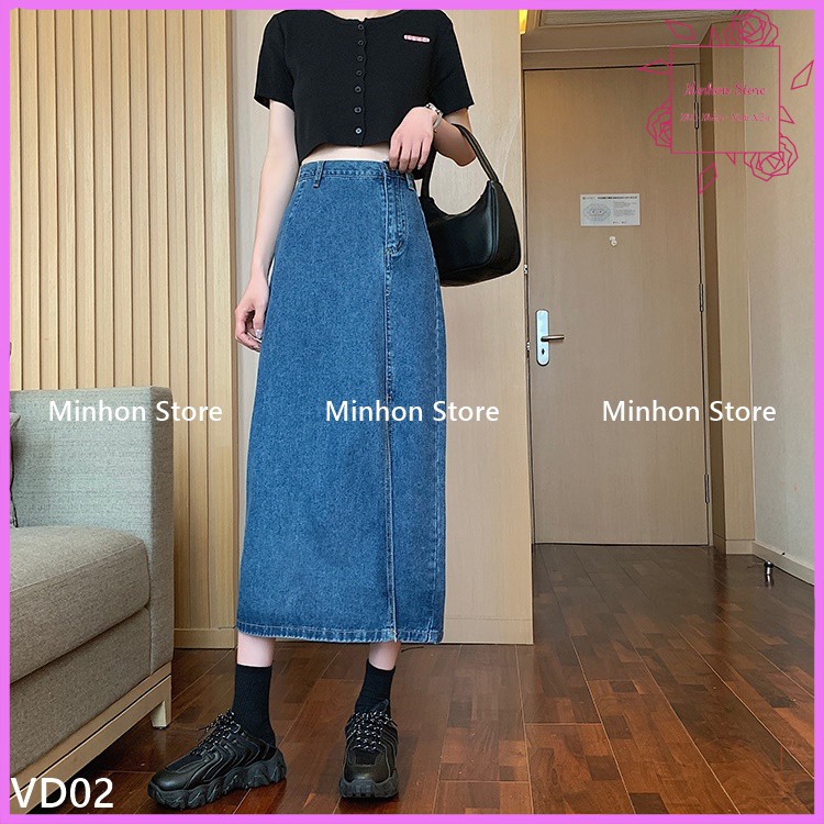 Đầm Bò, Chân Váy Bò Dài Xẻ Tà Cúc Dáng Lệch Cá Tính Mà Thanh Lịch (Minhon Store VD02)