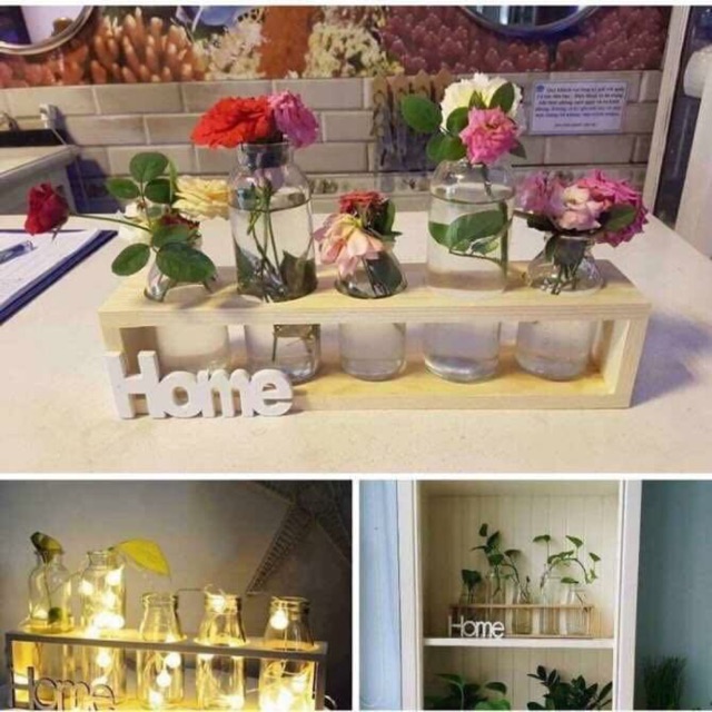 Set 5 bình hoa thuỷ tinh trang trí kèm đế gỗ xinh xắn