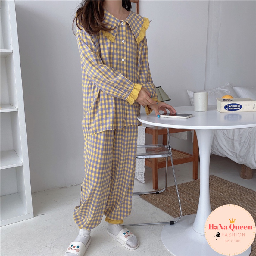 Bộ đồ pijama dài tay quần dài mùa thu cách điệu cực xinh (Hàng có sẵn)