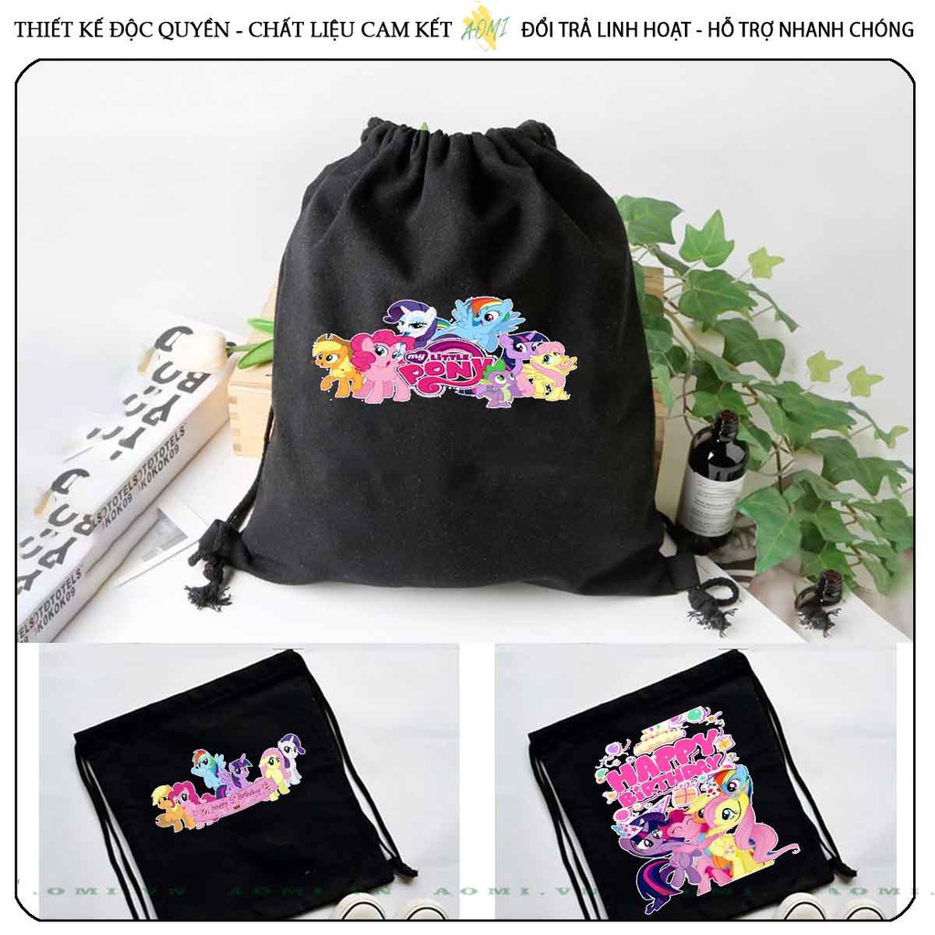 BALO MINI little pony AOMIVN DÂY RÚT ĐEO VAI 33x38cm NHỎ XINH UNISEX CHẤT CANVAS CUTE TIỆN ÍCH DU LỊCH ĐEN TRẮNG