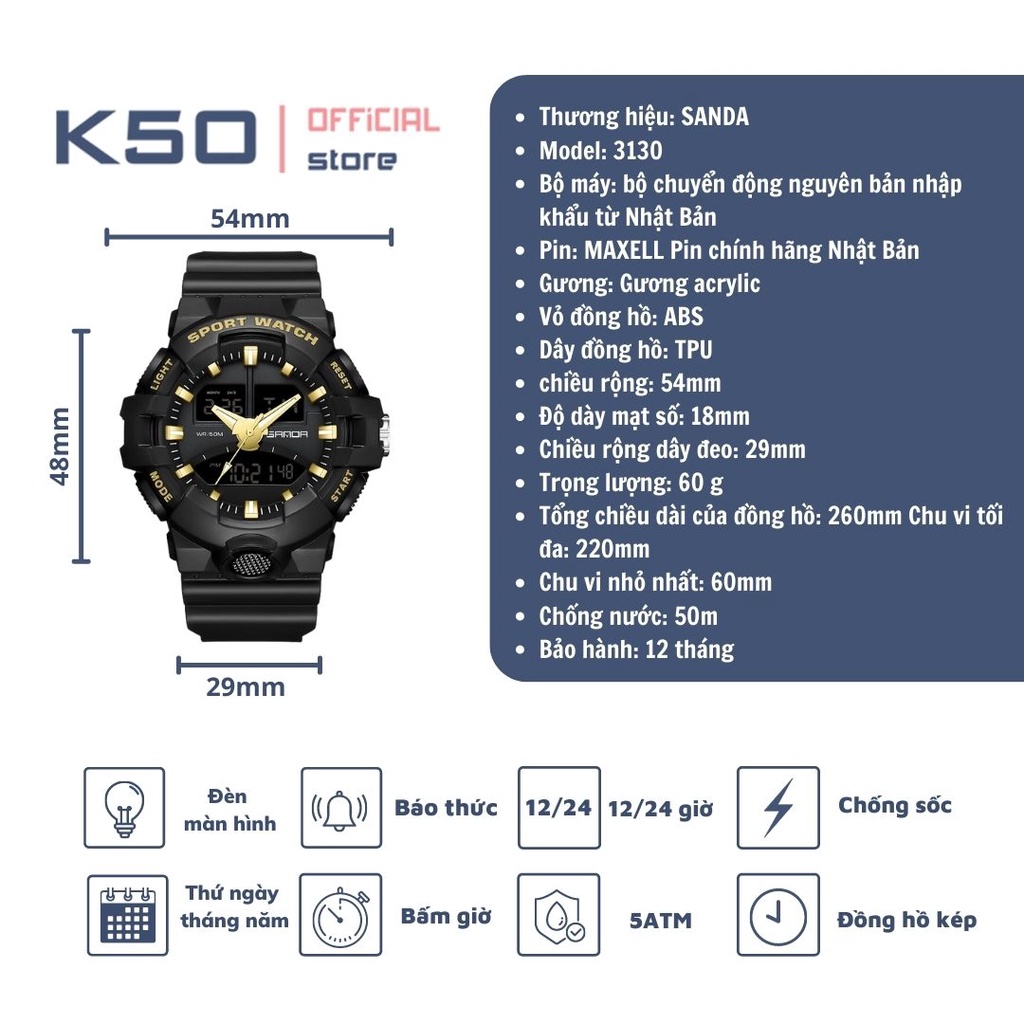 Đồng hồ nam SANDA 3130 thể thao kim điện tử