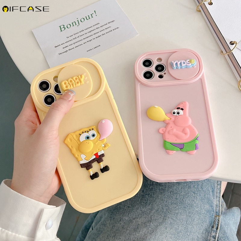 Ốp Điện Thoại Mềm Chống Sốc Có Nắp Trượt Bảo Vệ Camera In Hình SpongeBob 3D Cho iPhone 14 Plus 13 12 11 Pro Max XS Max XR X
