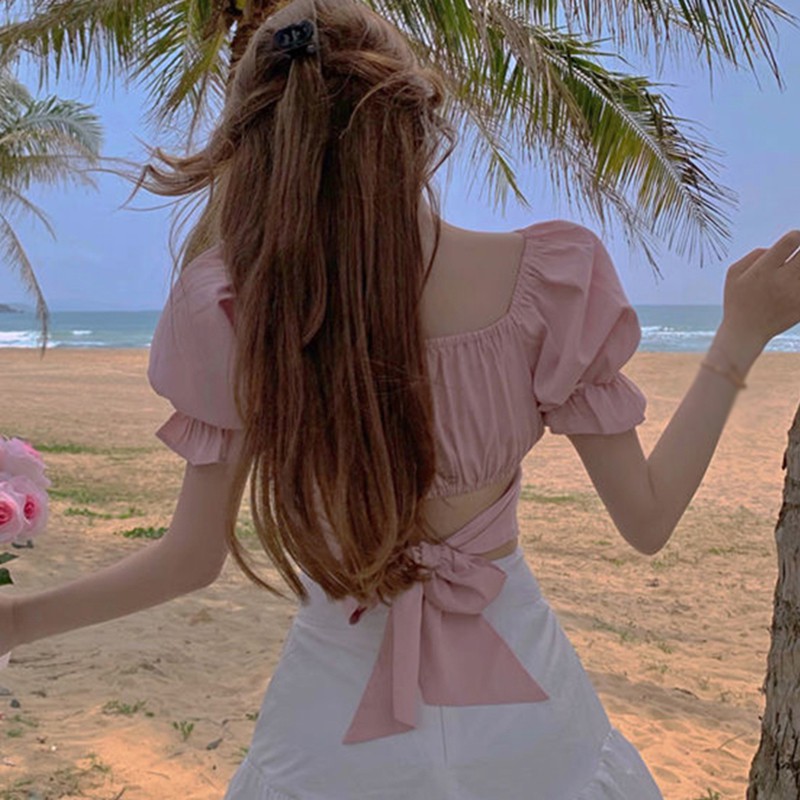 Áo kiểu cho nữ tay phồng ngắn xẻ cổ chữ U phong cách Hàn Quốc đáng yêu