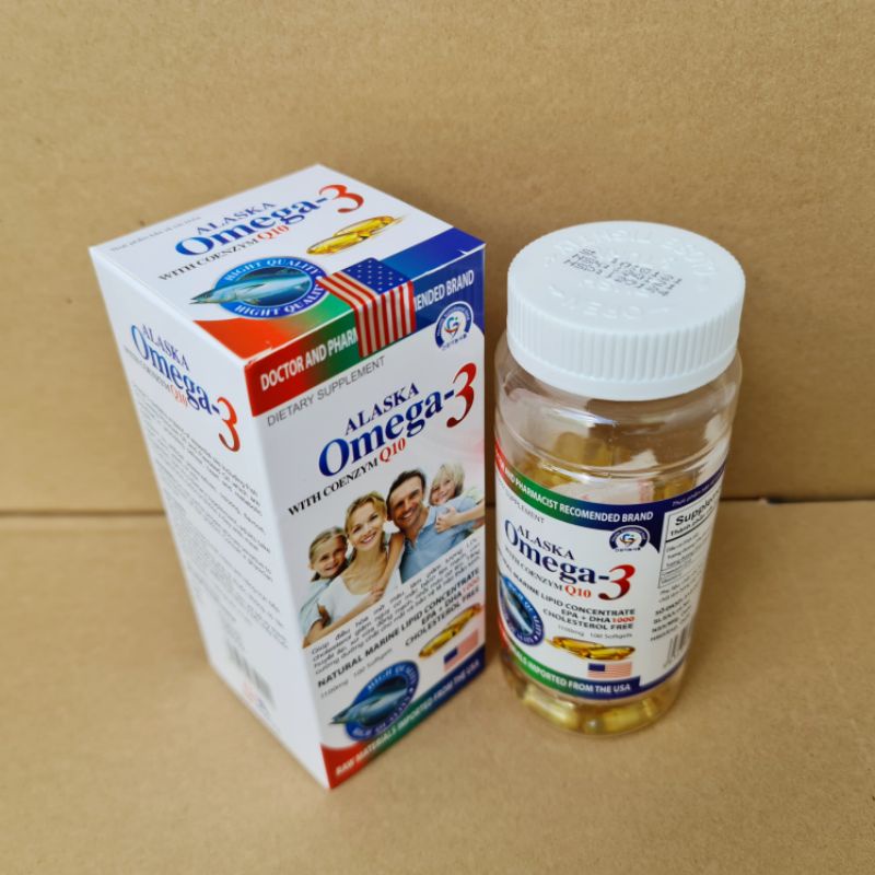 Dầu cá Alaska omega 3 with coenzym Q10 hộp màu trắng gia đình Hộp 100 viên