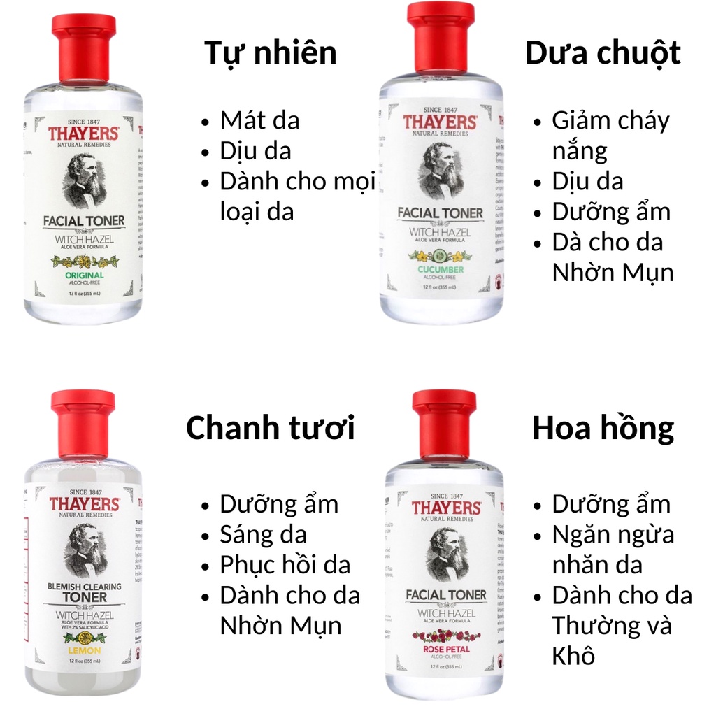 Nước hoa hồng Toner Thayers Alcohol Free Witch Hazel không cồn dưỡng ẩm dịu nhẹ 355ml DA07