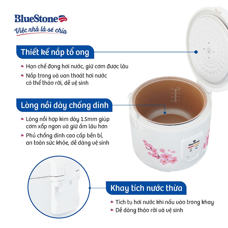 Nồi cơm điện Bluestone RCB-5525 - Công suất 700W, Dung tích 1.8 lít, Bảo hành 24 tháng