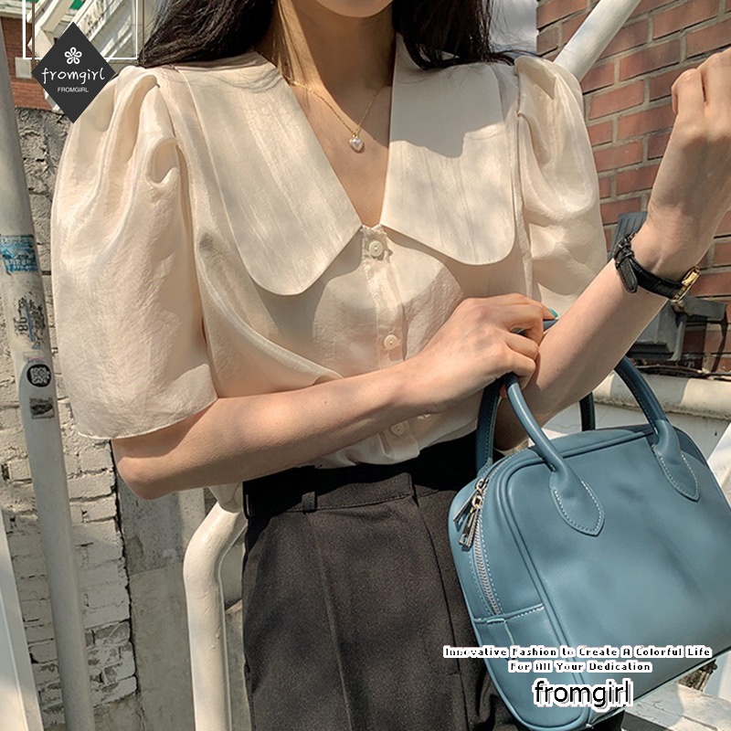 Áo Sơ Mi Tay Phồng Ngắn Cổ Chữ V Màu Trơn Phong Cách Hàn Quốc Dễ Thương Cho Nữ