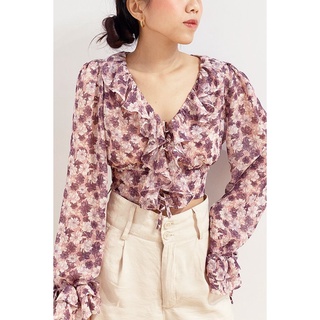MAYBI Áo croptop ôm voan in phối bèo