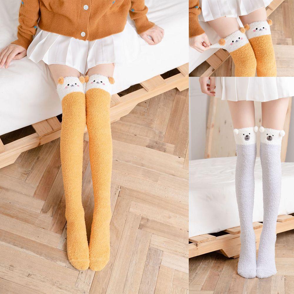Vớ Dài Đến Đầu Gối Vải Lông Cừu San Hô Hình Gấu Trúc Thời Trang Thu Đông