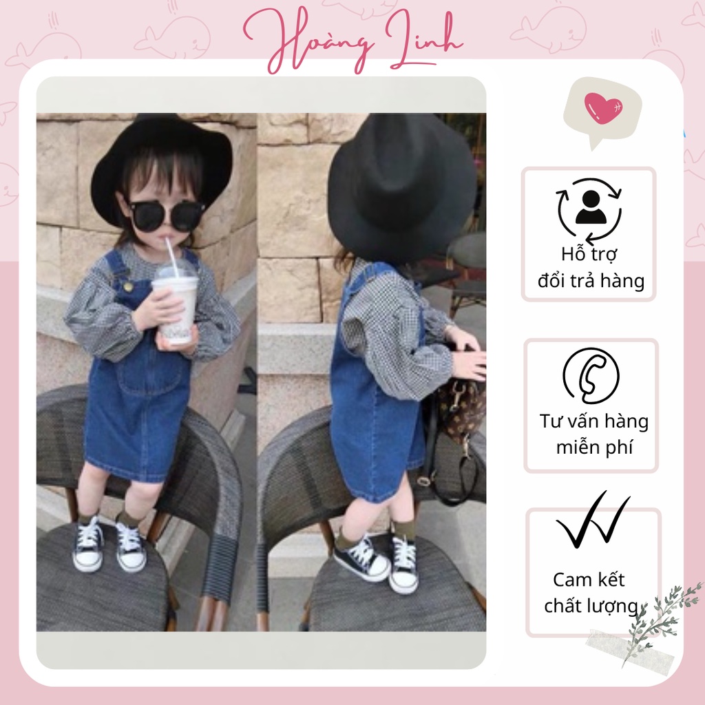Váy yếm jeans hai dây cho bé gái dáng suông dài màu xanh phối túi trước và sau yếm xinh xắn
