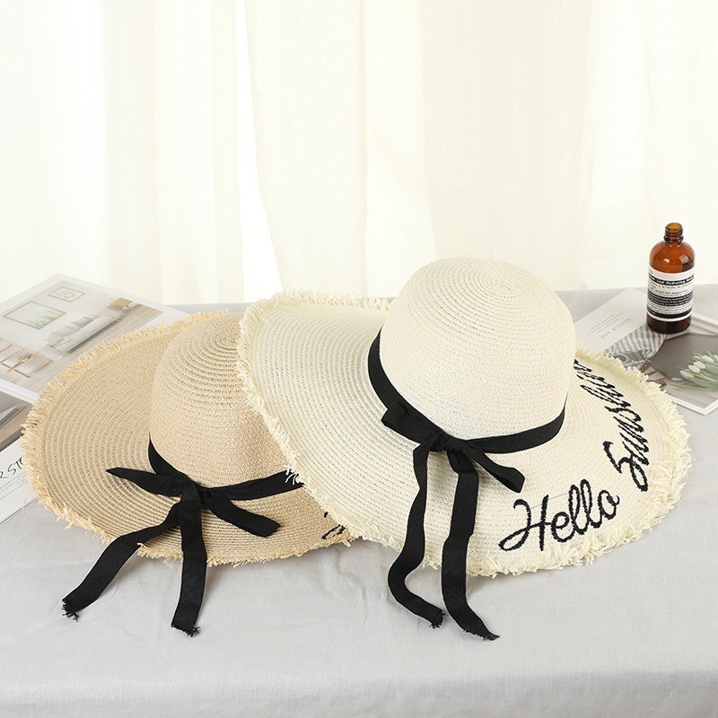 Mũ cói vành tròn đính nơ thêu chữ Hello Sunshine dành cho bạn gái đi biển mùa hè nón cho bạn nữ mã 03