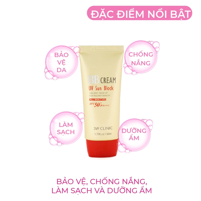 Kem nền trang điểm che khuyết điểm chống nắng BB Cream UV Sun Block 3W Clinic Hàn Quốc 50ml