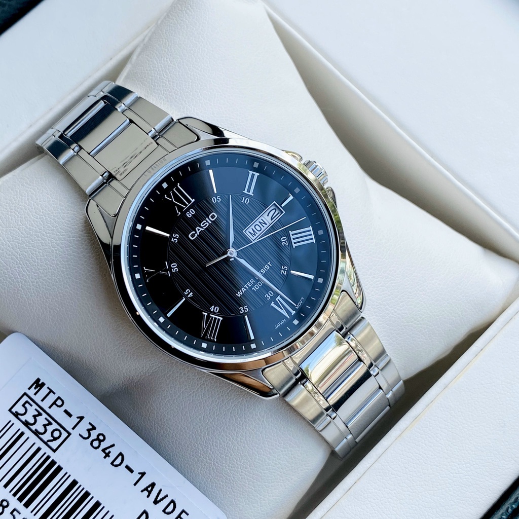 Đồng hồ Nam Casio MTP-1384D-1AV, đồng hồ chính hãng, dây bạc mặt đen