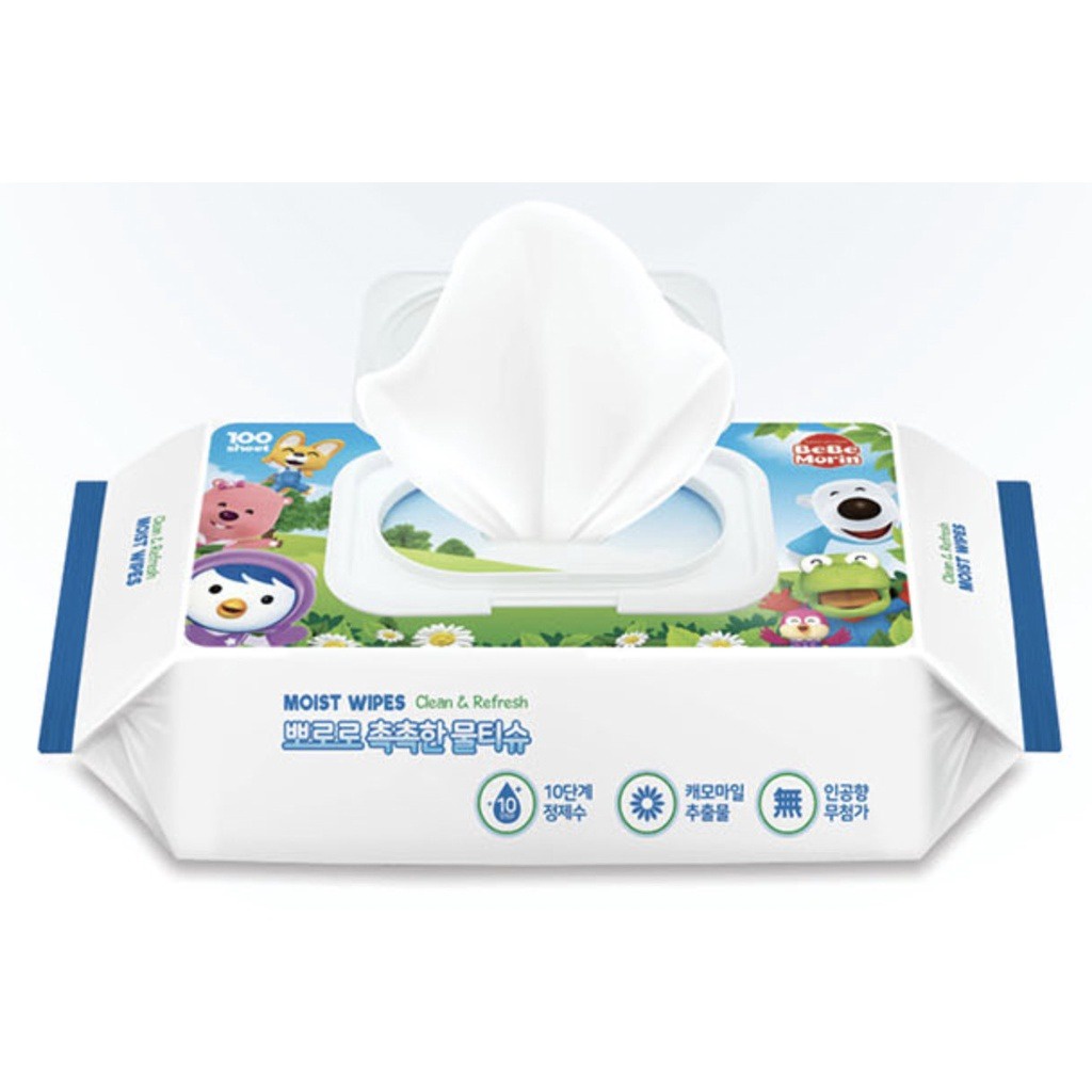 Khăn Uớt Dưỡng Ẩm Không Mùi Cho Da Nhạy Cảm, Cho Trẻ Sơ Sinh Và Trẻ Nhỏ Pororo Moist Wipes (100 miếng/ gói)