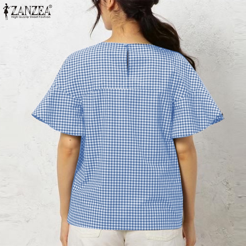 Áo kiểu ZANZEA tay dài phối bèo họa tiết caro phong cách đường phố châu Âu thời trang