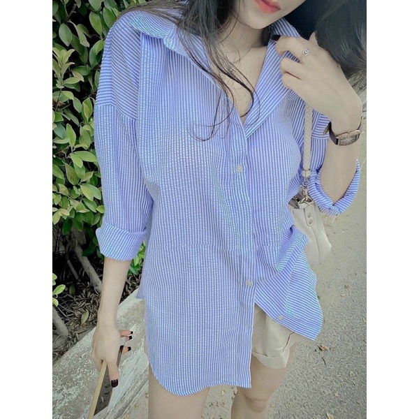 ‼️set sơmi sọc xanh + quần sọt nude