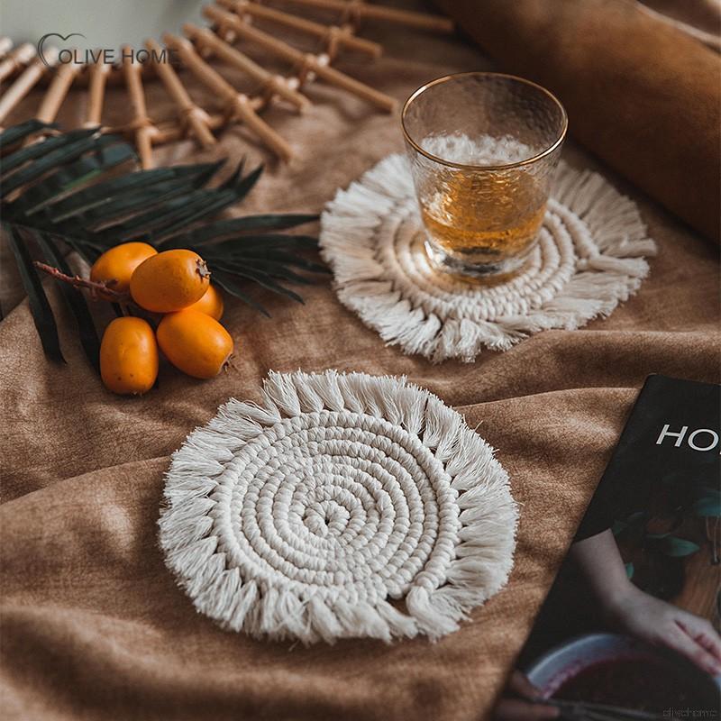 Tấm Lót Bàn Ăn Bằng Cotton Bện Handmade Chống Trượt Cách Nhiệt Phong Cách Bohemia Châu Âu Tiện Dụng Cho Nhà Bếp