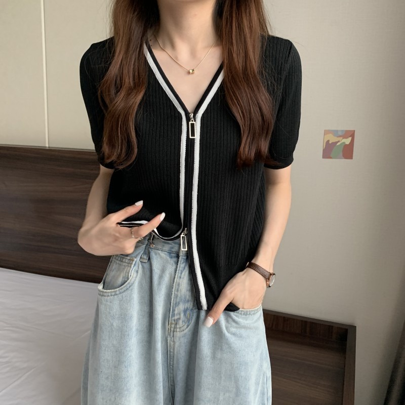 Áo cardigan ZHELIHANGFEI dệt kim tay ngắn cổ chữ V phối màu tương phản thời trang mùa hè 2022 cho nữ