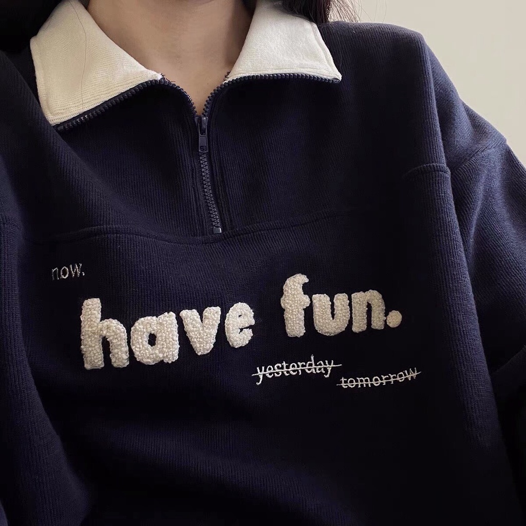 Áo Nỉ Polo Nam Nữ Have Fun [FREESHIP] ♥ Sweater form rộng tay bồng, hoodie zip khóa kéo phối cổ trắng cá tính Ulzzang ♥ | BigBuy360 - bigbuy360.vn