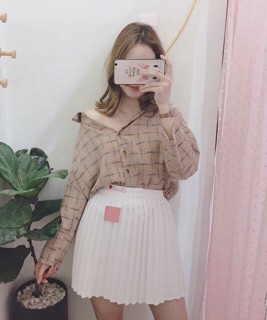 Áo sơ mi kẻ cổ V nơ lưng