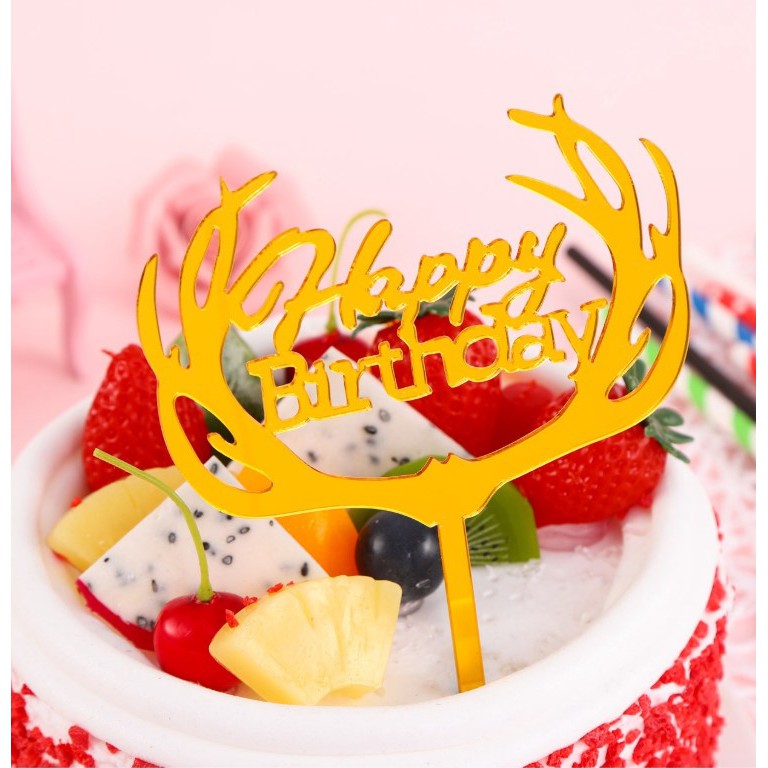 Hình cắm meka Happy Birthday Sừng trang trí bánh sinh nhật, mica trang trí