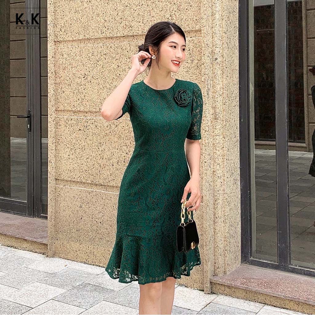 Đầm Ren Dự Tiệc Dáng Ôm Đuôi Cá K&K Fashion KK111-35 Ngực Phối Hoa Nổi Tay Lỡ Chất Liệu Ren