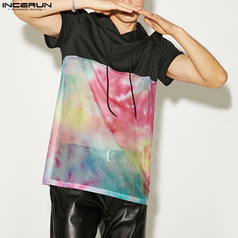 INCERUN Áo Hoodie Ngắn Tay Nhuộm Màu Phối Màu Thời Trang Cho Nam