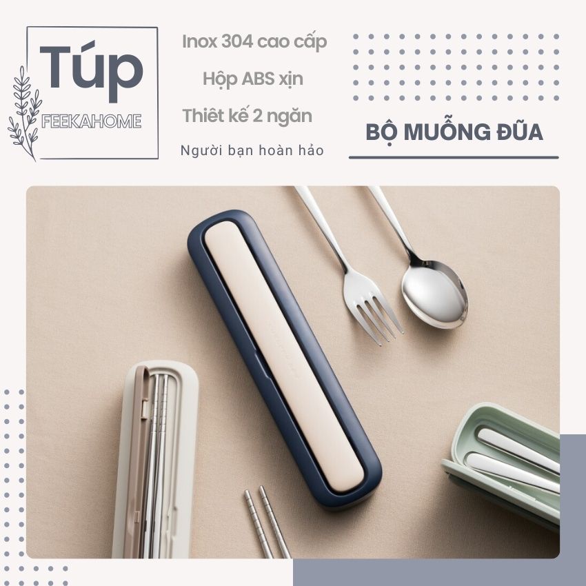 Bộ đũa thìa văn phòng FEEKA cute siêu đẹp 2 ngăn, Bộ thìa đũa cá nhân dễ thương cho dân văn phòng INOX cao cấp