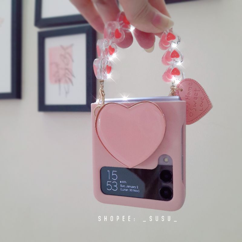 Ốp Samsung Z Flip 3 - ZFlip 3 - ZFlip3 hồng pastel ngọt ngào kèm bộ dây đeo tim dễ thương