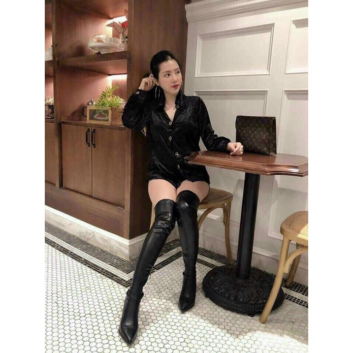 Boot Đùi Da Lì Mềm Qua Gối Cao Cấp Lót Nỉ Gót Nhọn Đính Đá 9cm Hai Màu Đen Và Trắng Kem Mã P56 Shop Phương Nhi