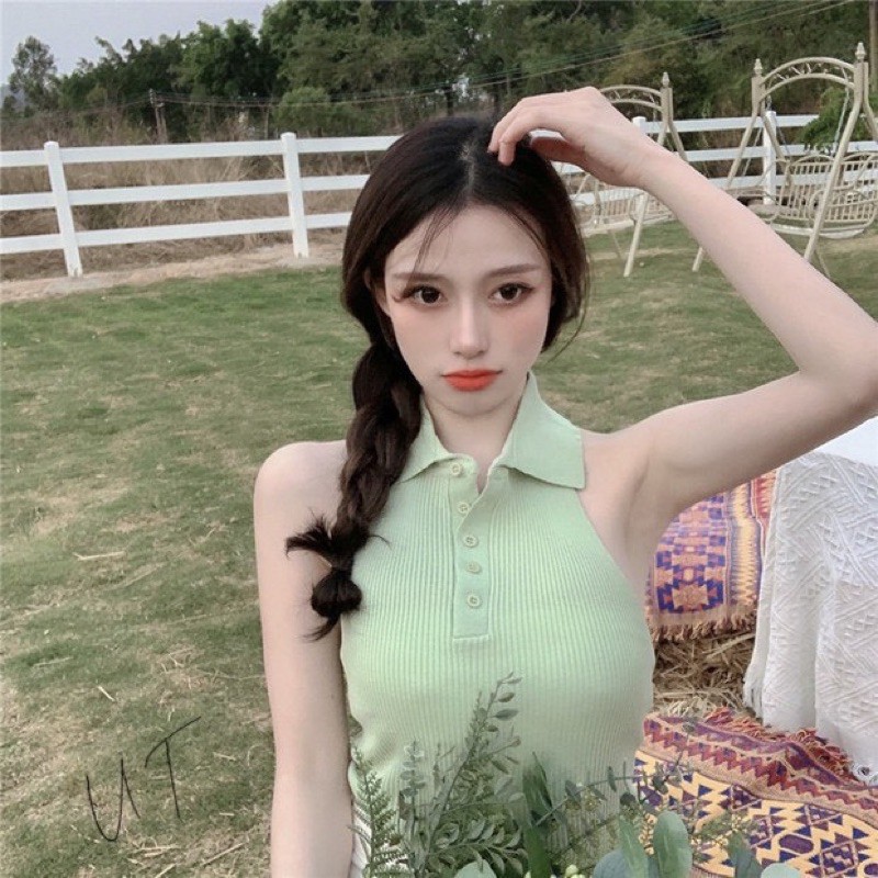 Áo len yếm cổ đức cài cúc dáng ôm, Áo kiểu sát nách len mỏng cổ bẻ AL1214 - NhiNhi Shop